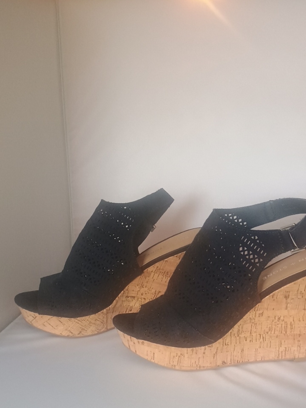 Sun + Stone Black Laser-Cut Cork Wedge Sandals